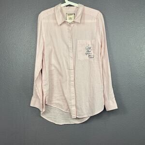 Arizona Jean Co Button Up Shirt Womens Large Pink White Striped Boyfriend Fit